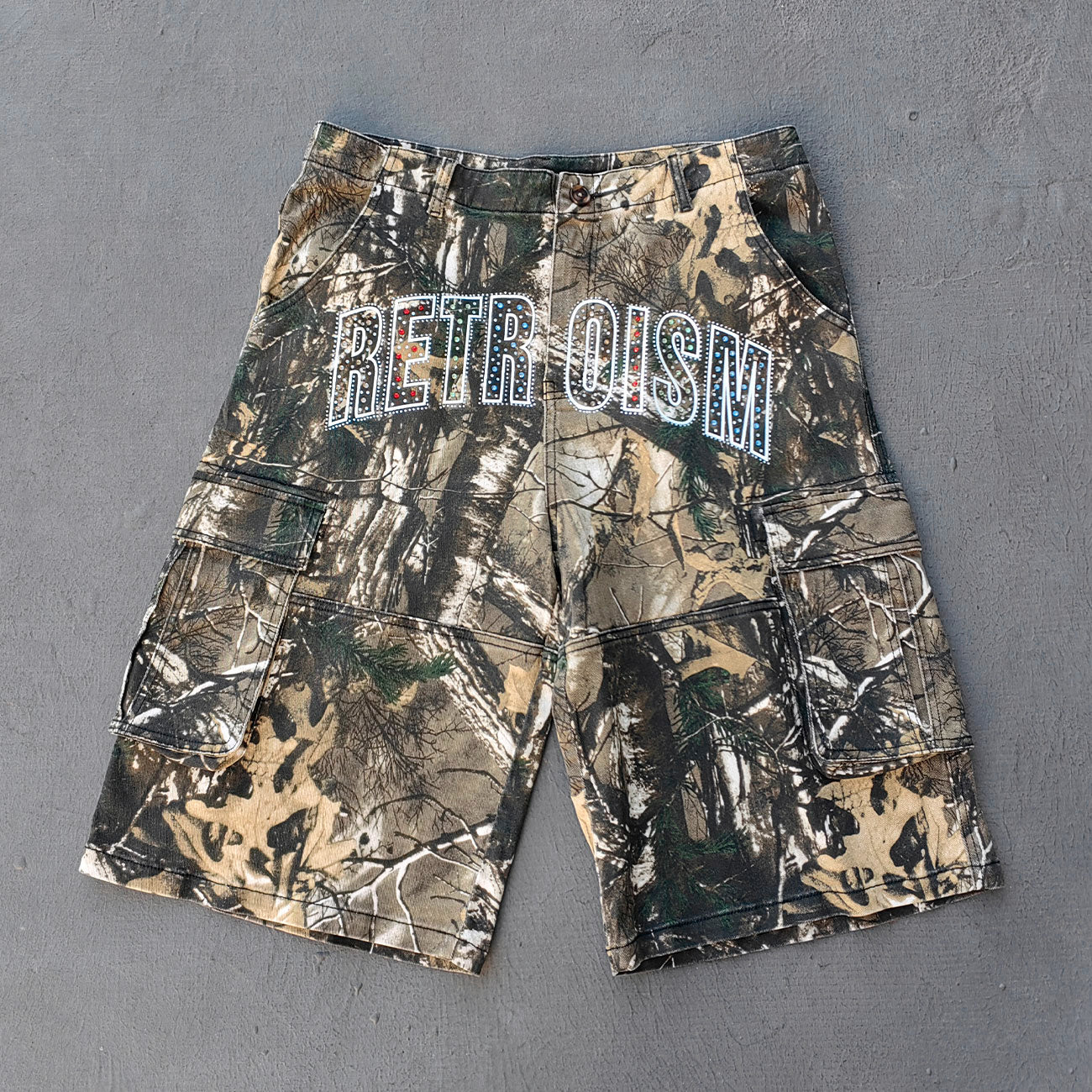 Tree Camo Cargo Shorts - Rhinestone Letter Y2K Baggy Streetwear