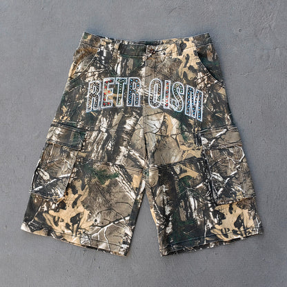 Tree Camo Cargo Shorts - Rhinestone Letter Y2K Baggy Streetwear