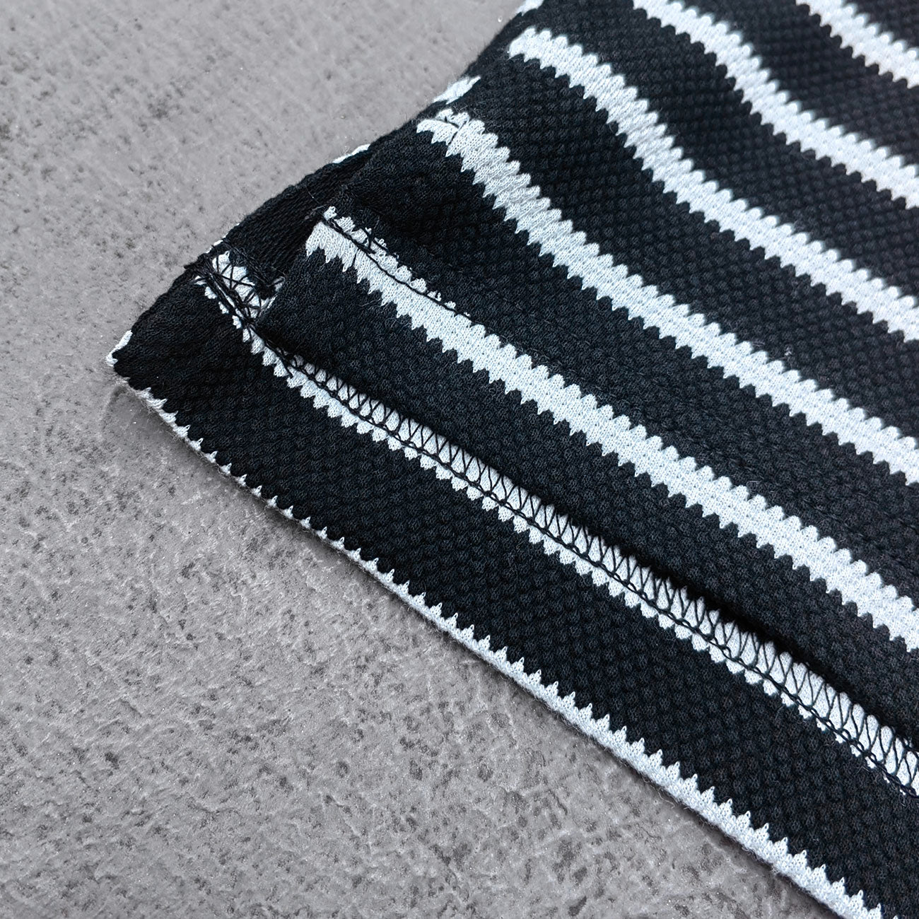 Black White Stripe Polo Shirt - Waffle Knit Collared Half Button HDK Badge Y2K Streetwear