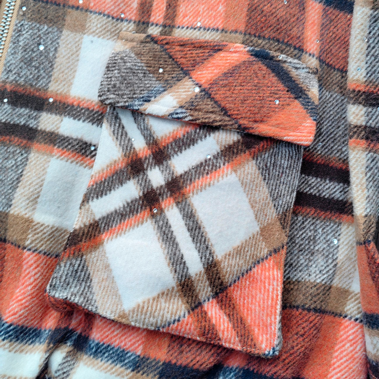 Rhinestone Plaid Jacket - Corduroy Collar Orange Zip Up Y2K Utility Streetwear