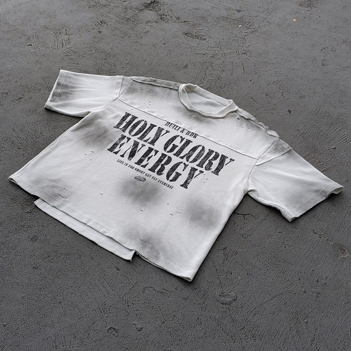 HOLY GLORY ENERGY Football Jersey Tee - Black White Waffle Knit Distressed Ripped Asymmetric Hem Y2K Streetwear