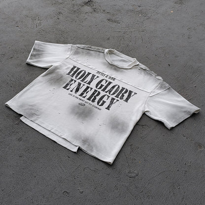 HOLY GLORY ENERGY Football Jersey Tee - Black White Waffle Knit Distressed Ripped Asymmetric Hem Y2K Streetwear