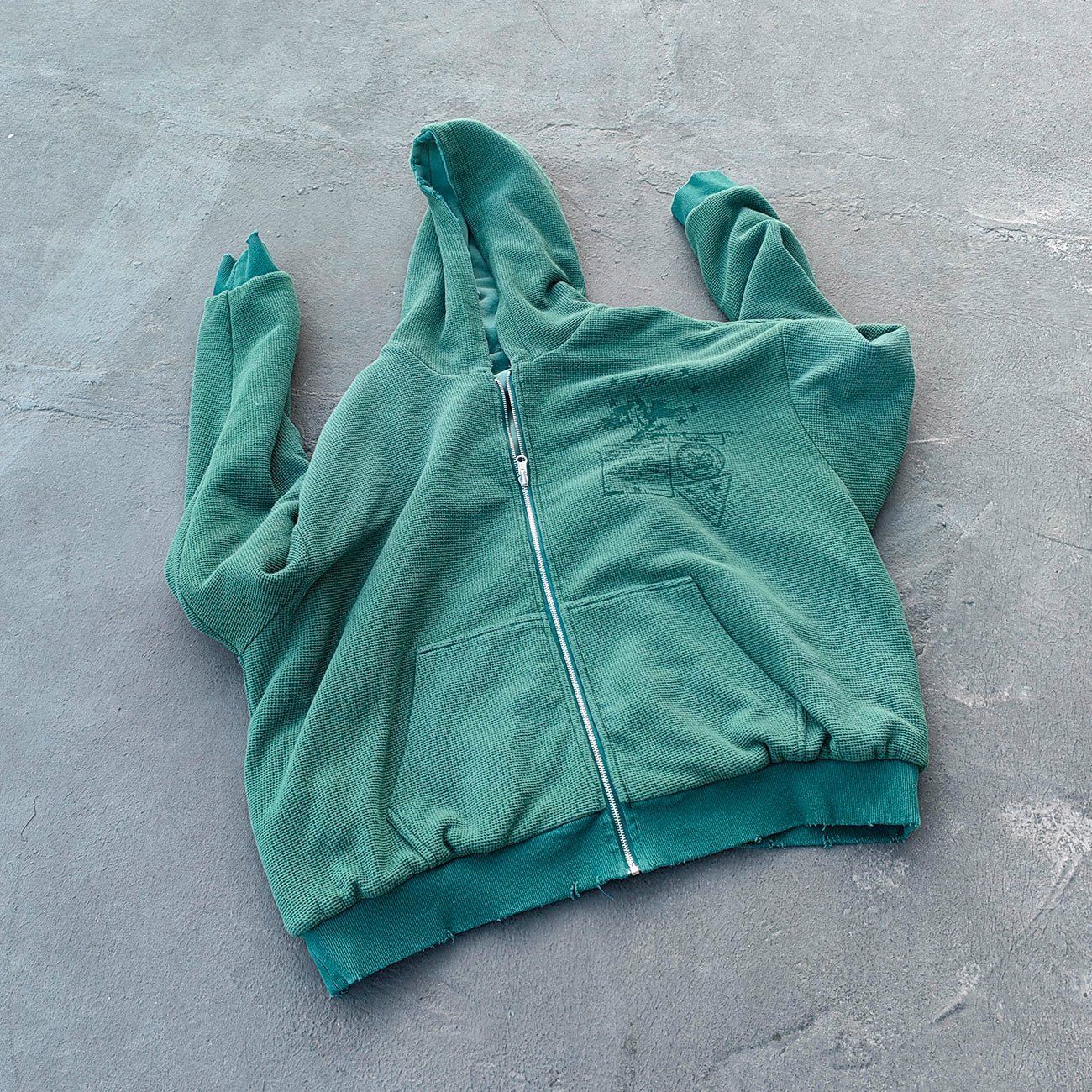 Reversible Zip Up Hoodie - Mint Green Waffle Knit Distressed Y2K Streetwear
