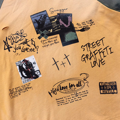 Graffiti Print Raglan Long Sleeve - Yellow Olive Color Block Ripped Y2K Streetwear