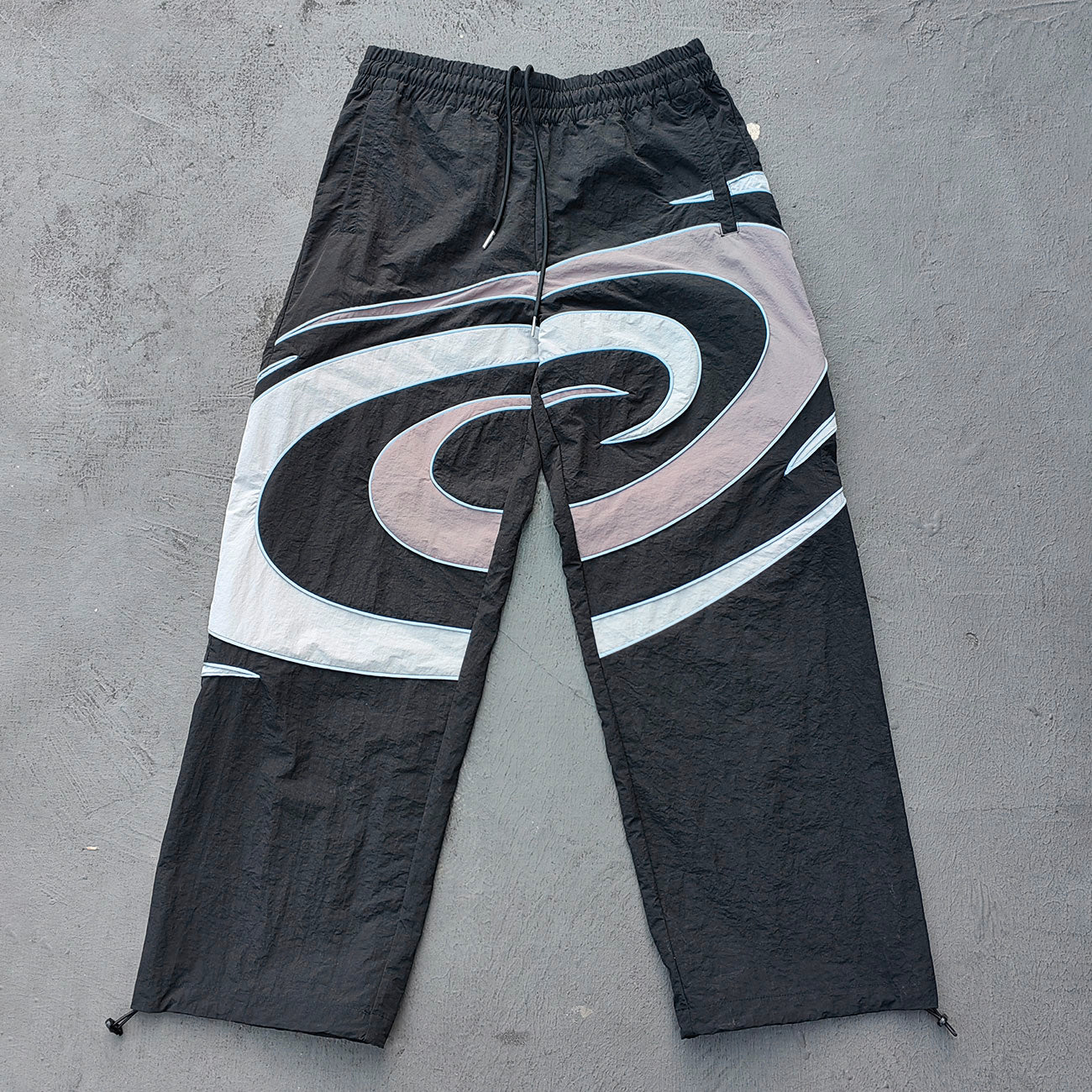 Spiral Print Track Suit Set - Black White Gray Swirl Panel Windbreaker Jacket Pants Y2K Streetwear