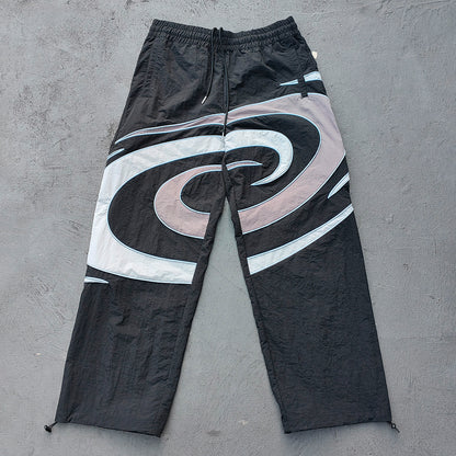 Spiral Print Track Suit Set - Black White Gray Swirl Panel Windbreaker Jacket Pants Y2K Streetwear