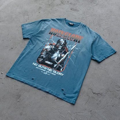 Holy Glory Graphic Tee - Slate Blue Acid Wash Skeleton Knight Lightning Distressed Ripped Y2K Streetwear