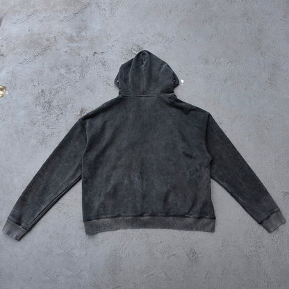 Holy Glory Rhinestone Hoodie - Black Acid Wash Grim Reaper Scythe Hellhound Print Studded Y2K Streetwear