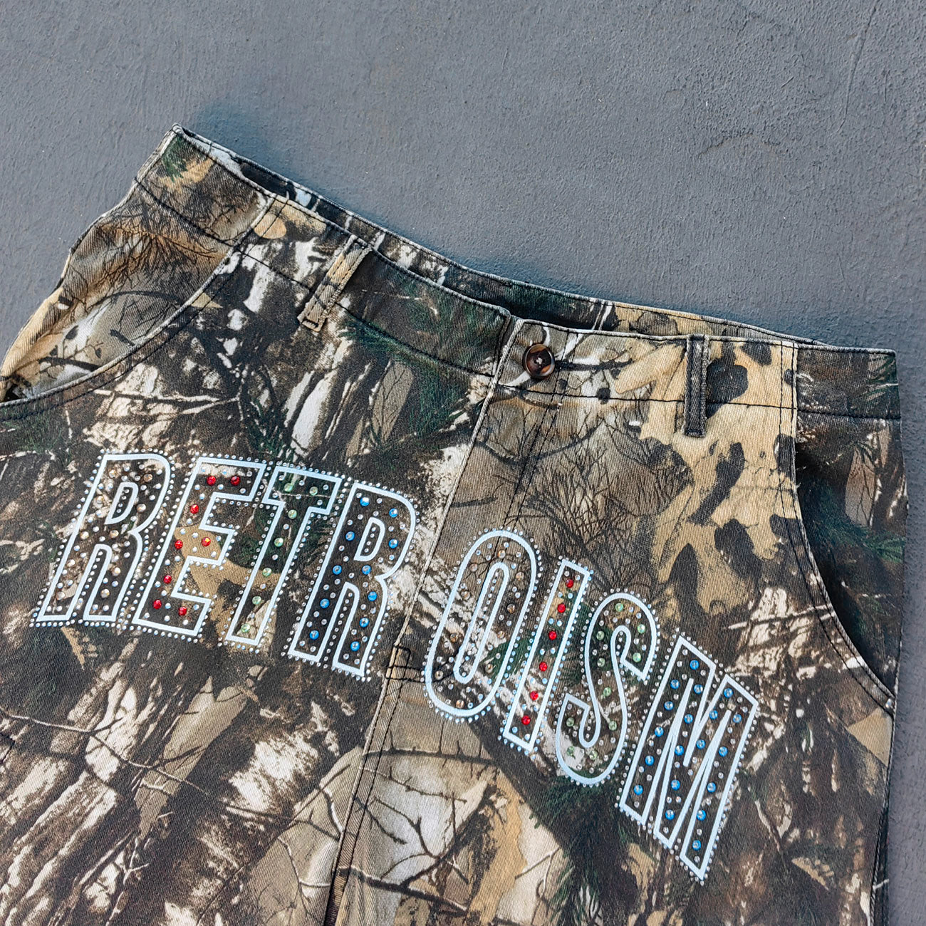 Tree Camo Cargo Shorts - Rhinestone Letter Y2K Baggy Streetwear