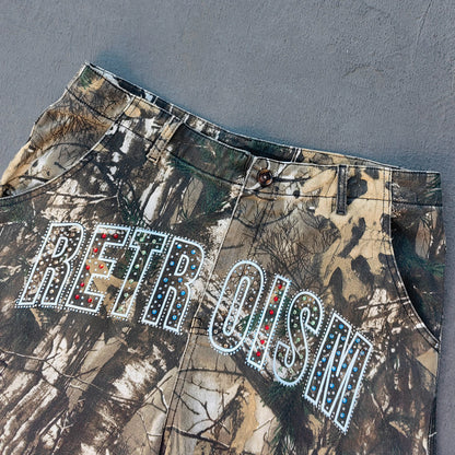 Tree Camo Cargo Shorts - Rhinestone Letter Y2K Baggy Streetwear