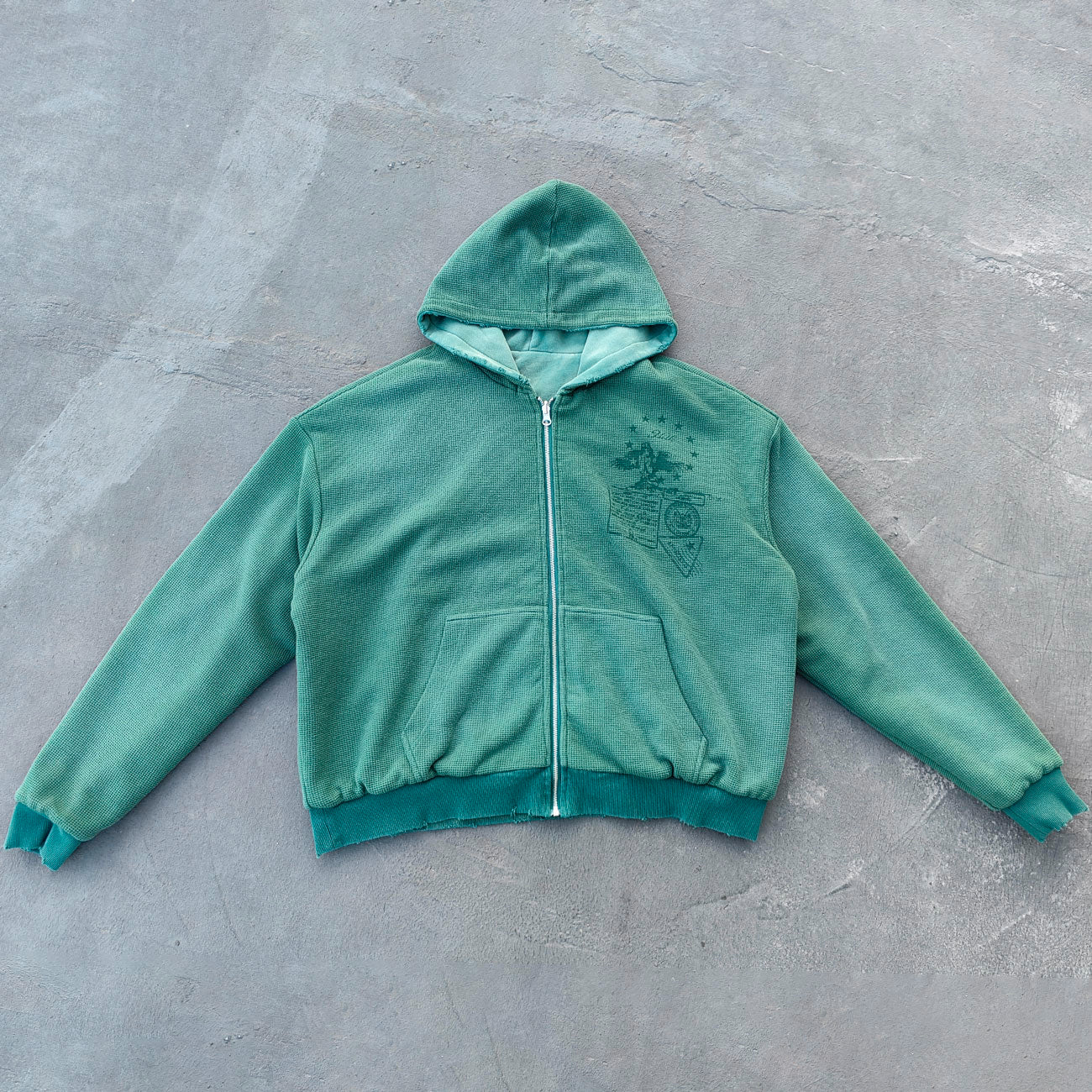 Reversible Zip Up Hoodie - Mint Green Waffle Knit Distressed Y2K Streetwear