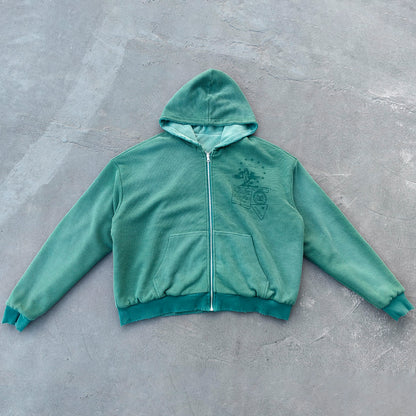 Reversible Zip Up Hoodie - Mint Green Waffle Knit Distressed Y2K Streetwear