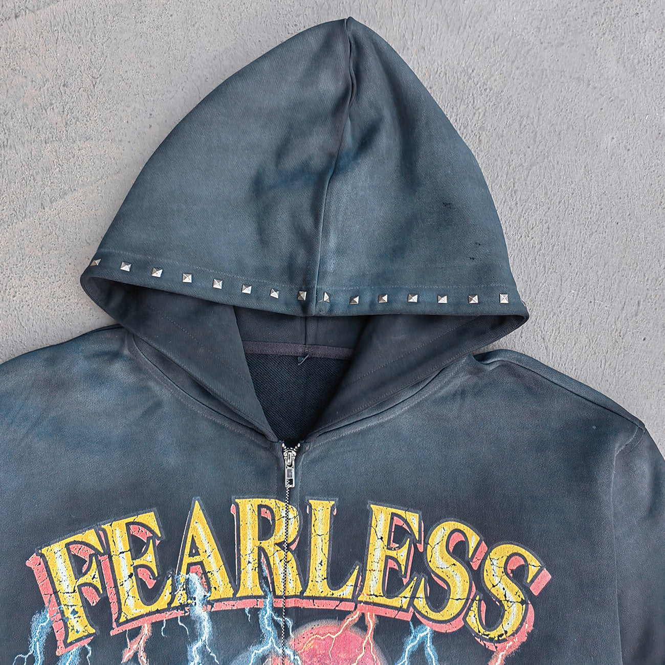 FEARLESS Panther Zip Hoodie - Studded Fake Two-Piece Black Wash Y2K Streetwear