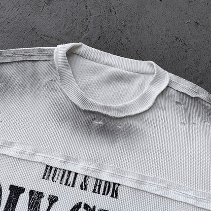 HOLY GLORY ENERGY Football Jersey Tee - Black White Waffle Knit Distressed Ripped Asymmetric Hem Y2K Streetwear