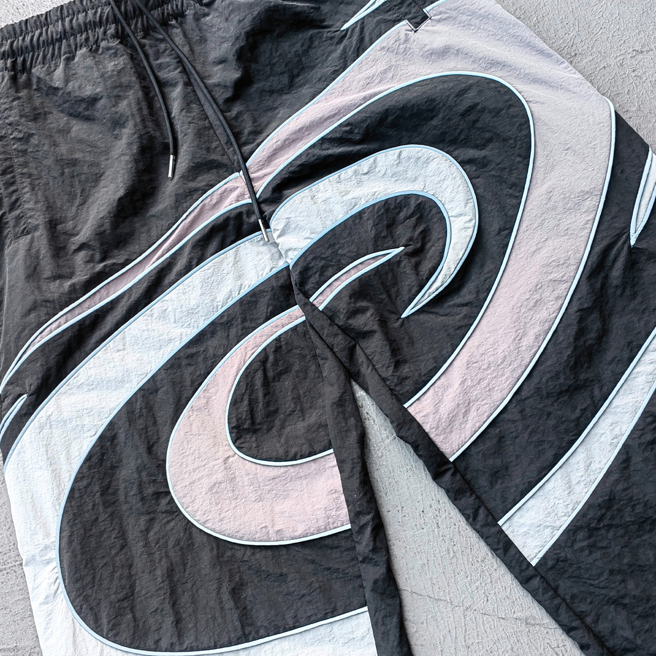 Spiral Print Track Suit Set - Black White Gray Swirl Panel Windbreaker Jacket Pants Y2K Streetwear