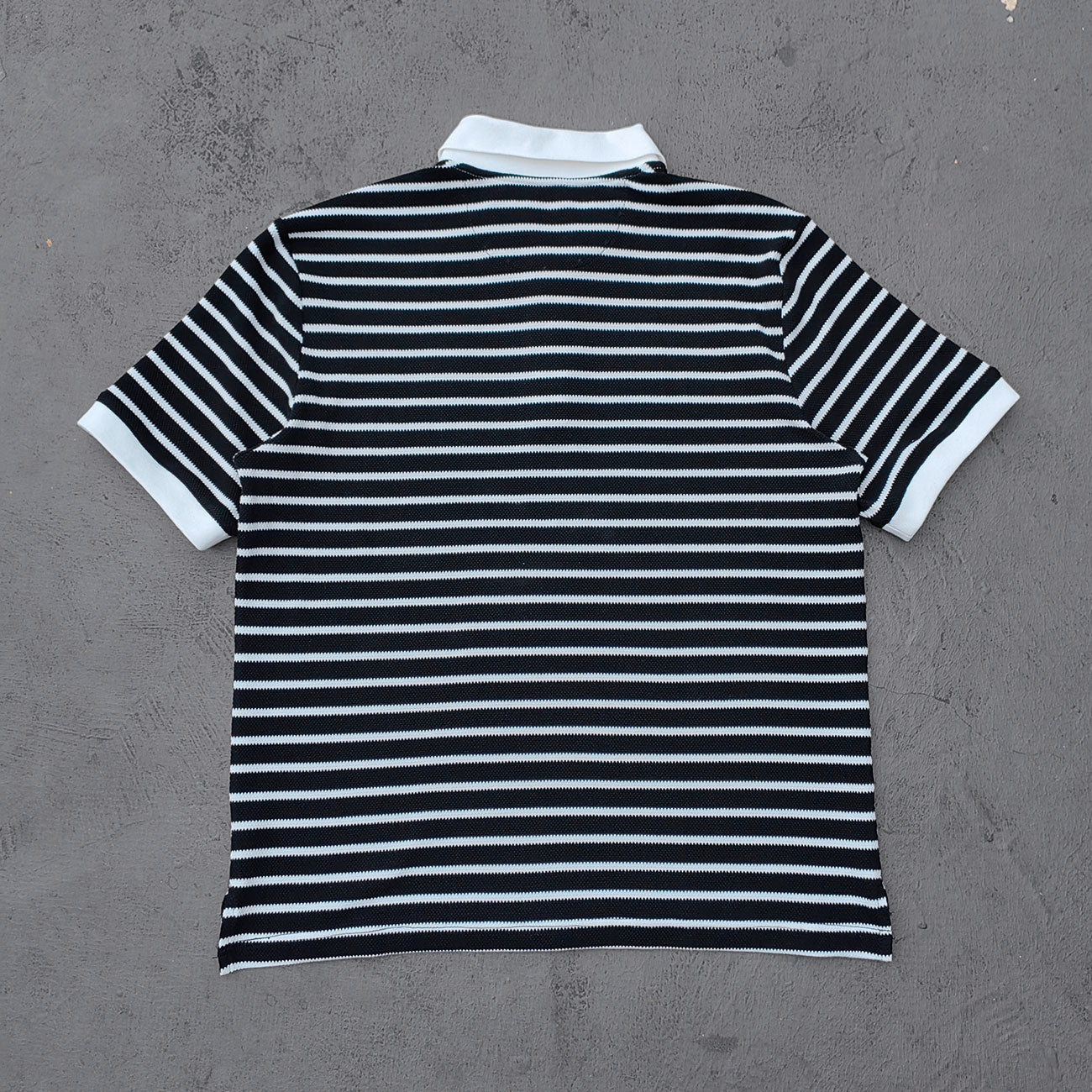 Black White Stripe Polo Shirt - Waffle Knit Collared Half Button HDK Badge Y2K Streetwear