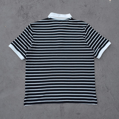 Black White Stripe Polo Shirt - Waffle Knit Collared Half Button HDK Badge Y2K Streetwear