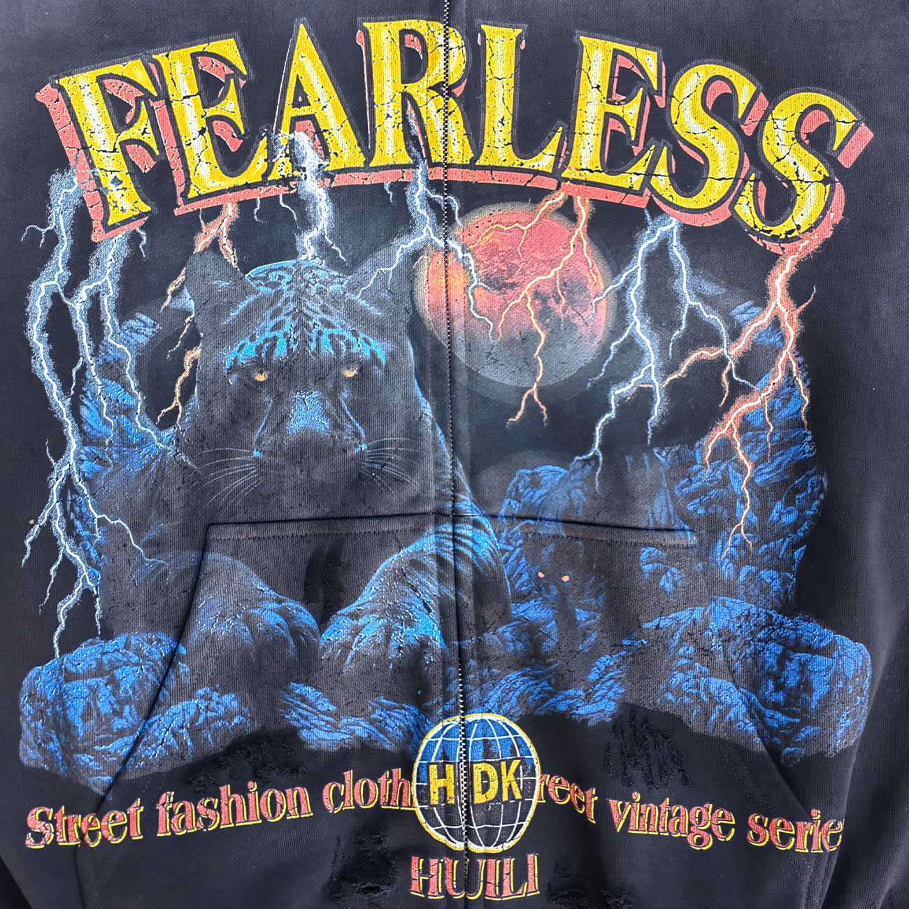 FEARLESS Panther Zip Hoodie - Studded Fake Two-Piece Black Wash Y2K Streetwear