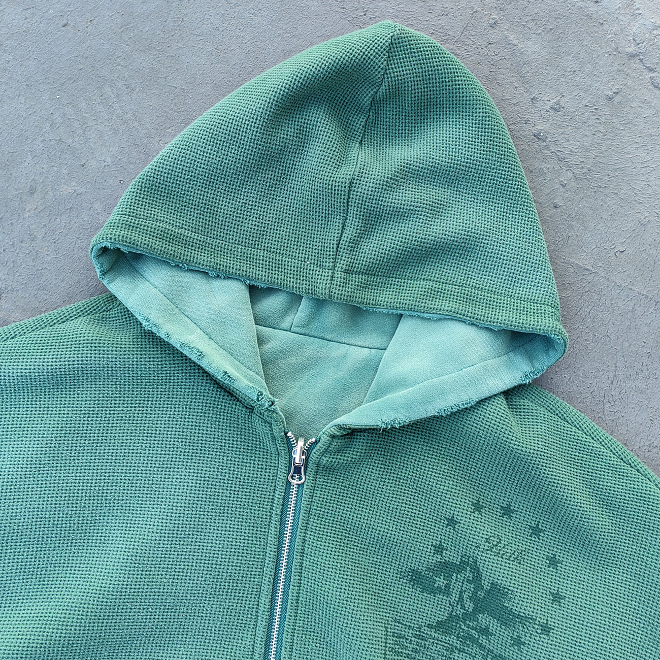 Reversible Zip Up Hoodie - Mint Green Waffle Knit Distressed Y2K Streetwear