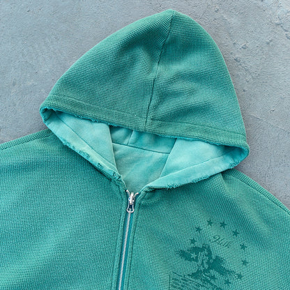 Reversible Zip Up Hoodie - Mint Green Waffle Knit Distressed Y2K Streetwear