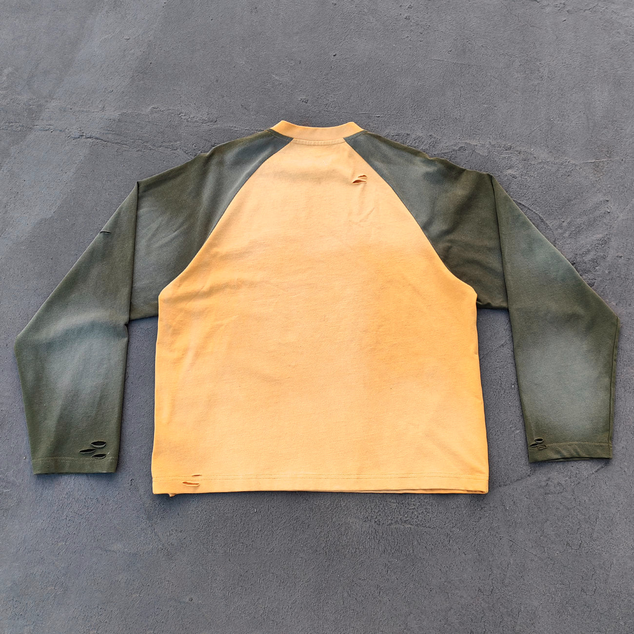 Graffiti Print Raglan Long Sleeve - Yellow Olive Color Block Ripped Y2K Streetwear