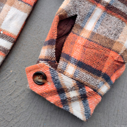Rhinestone Plaid Jacket - Corduroy Collar Orange Zip Up Y2K Utility Streetwear