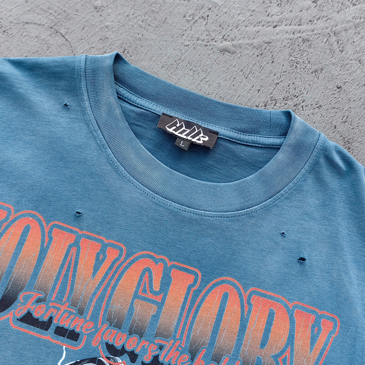 Holy Glory Graphic Tee - Slate Blue Acid Wash Skeleton Knight Lightning Distressed Ripped Y2K Streetwear