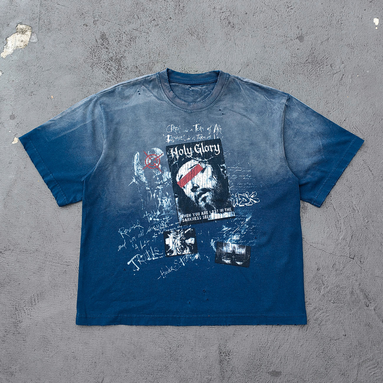 Holy Glory Graphic Tee - Navy Blue Gradient Acid Wash Distressed Portrait Collage Y2K Streetwear