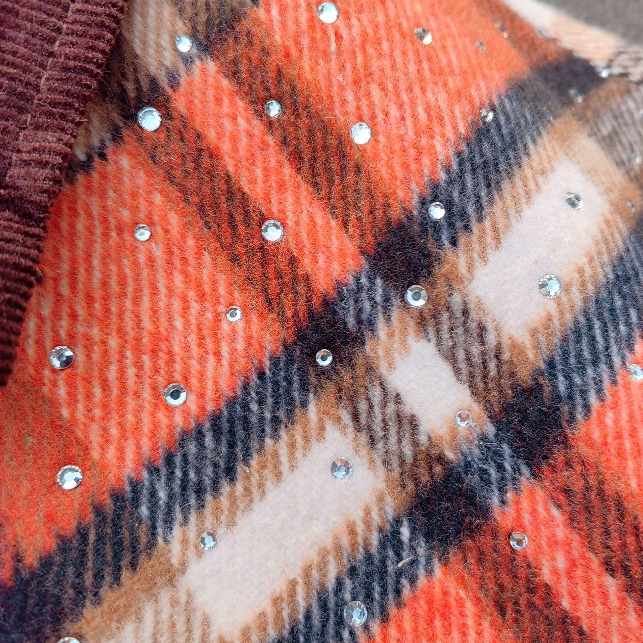 Rhinestone Plaid Jacket - Corduroy Collar Orange Zip Up Y2K Utility Streetwear