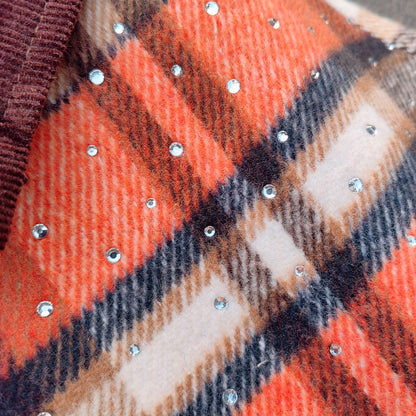 Rhinestone Plaid Jacket - Corduroy Collar Orange Zip Up Y2K Utility Streetwear