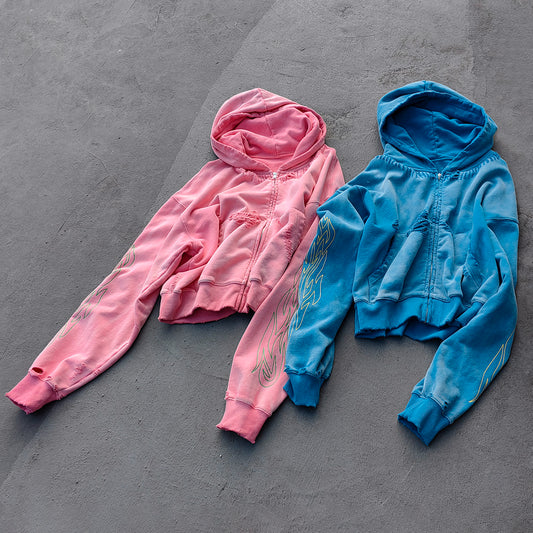 Flame Print Zip Up Hoodie - Distressed Ripped Acid Wash Y2K Streetwear