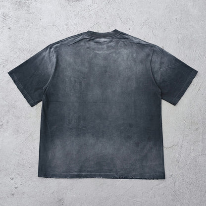 Y2K Dark Graphic Tee - Black Acid Wash Holy Glory Skull Print Ripped Oversized Gothic Streetwear