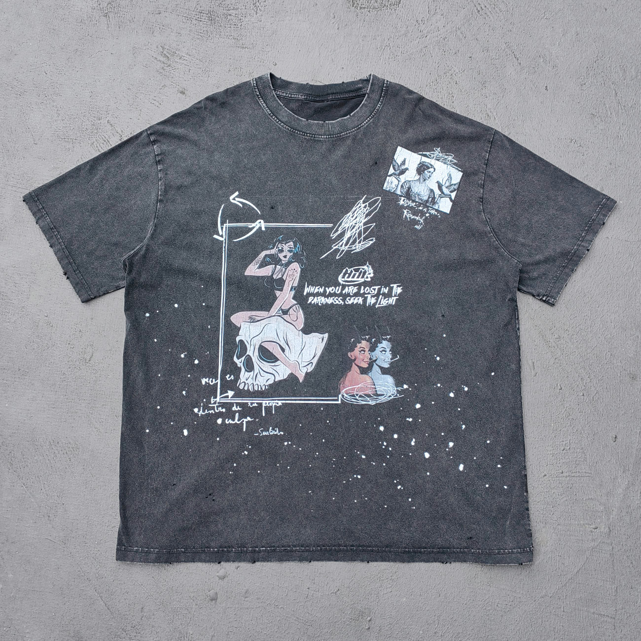 Comic Graphic Tee - Dark Gray Acid Wash Pin Up Skull Print Splatter Ripped Y2K Streetwear