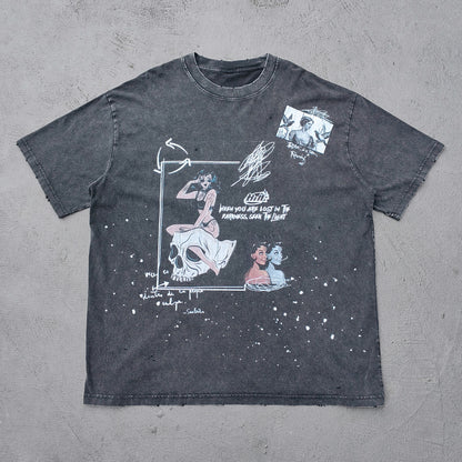 Comic Graphic Tee - Dark Gray Acid Wash Pin Up Skull Print Splatter Ripped Y2K Streetwear