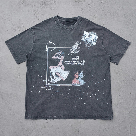 Comic Graphic Tee - Dark Gray Acid Wash Pin Up Skull Print Splatter Ripped Y2K Streetwear