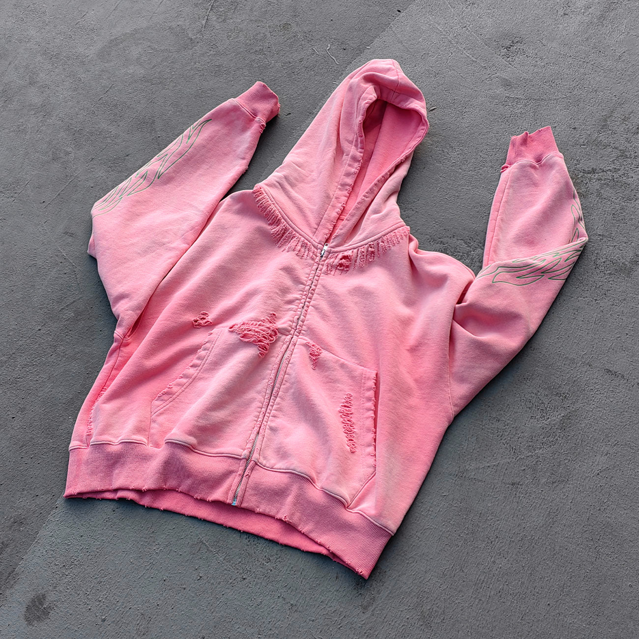 Flame Print Zip Up Hoodie - Distressed Ripped Acid Wash Y2K Streetwear