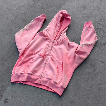 Flame Print Zip Up Hoodie - Distressed Ripped Acid Wash Y2K Streetwear