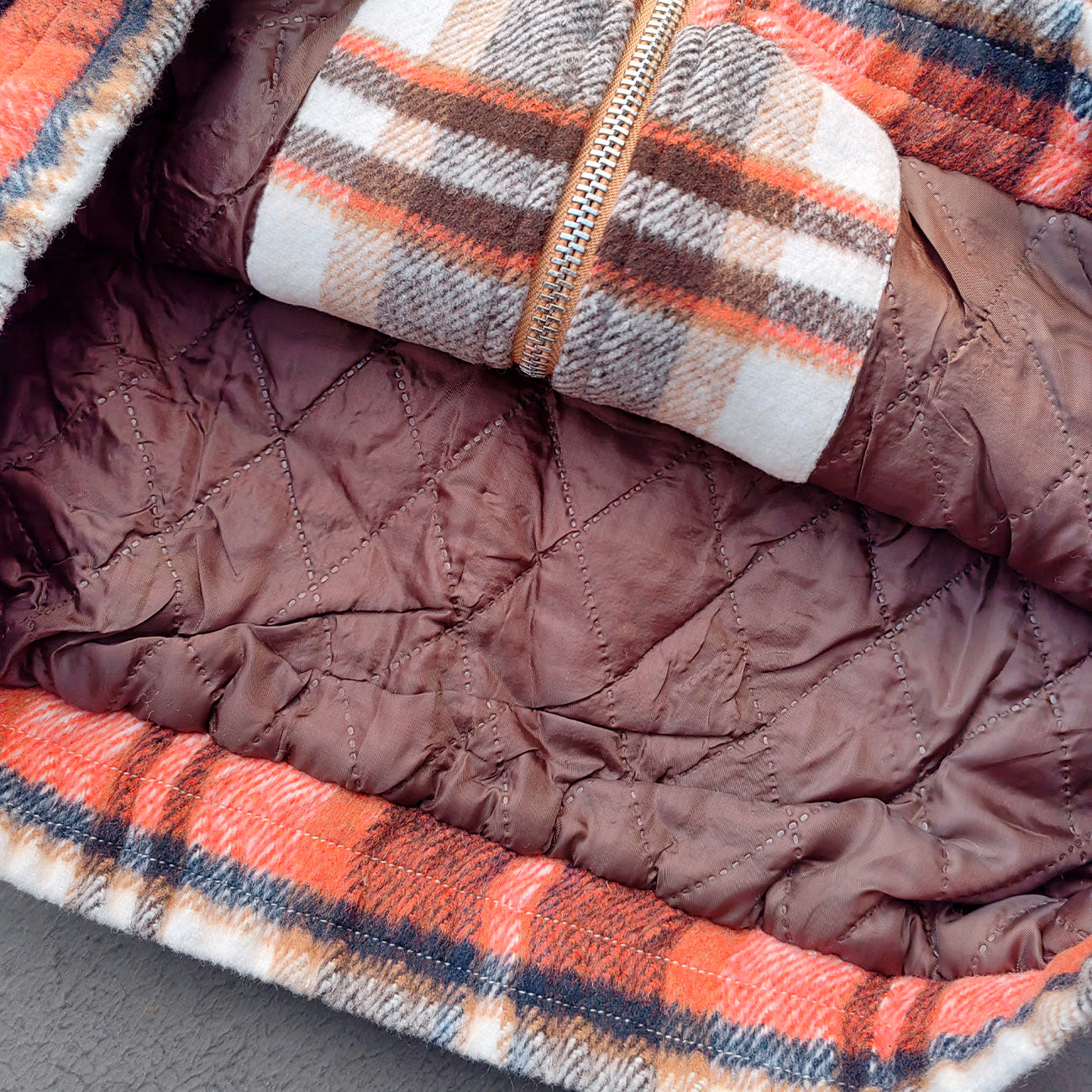 Rhinestone Plaid Jacket - Corduroy Collar Orange Zip Up Y2K Utility Streetwear