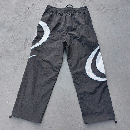 Spiral Print Track Suit Set - Black White Gray Swirl Panel Windbreaker Jacket Pants Y2K Streetwear