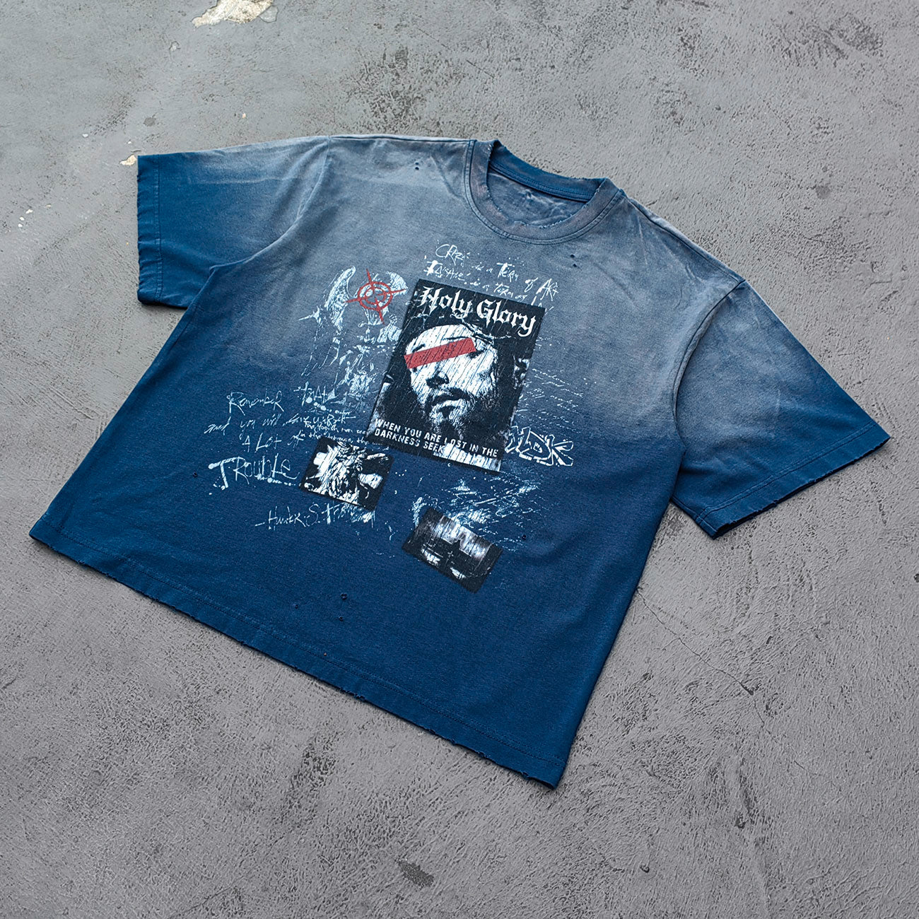 Holy Glory Graphic Tee - Navy Blue Gradient Acid Wash Distressed Portrait Collage Y2K Streetwear