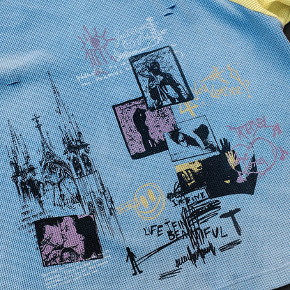 Graffiti Print Raglan Long Sleeve - Blue Yellow Color Block Waffle Knit Y2K Streetwear