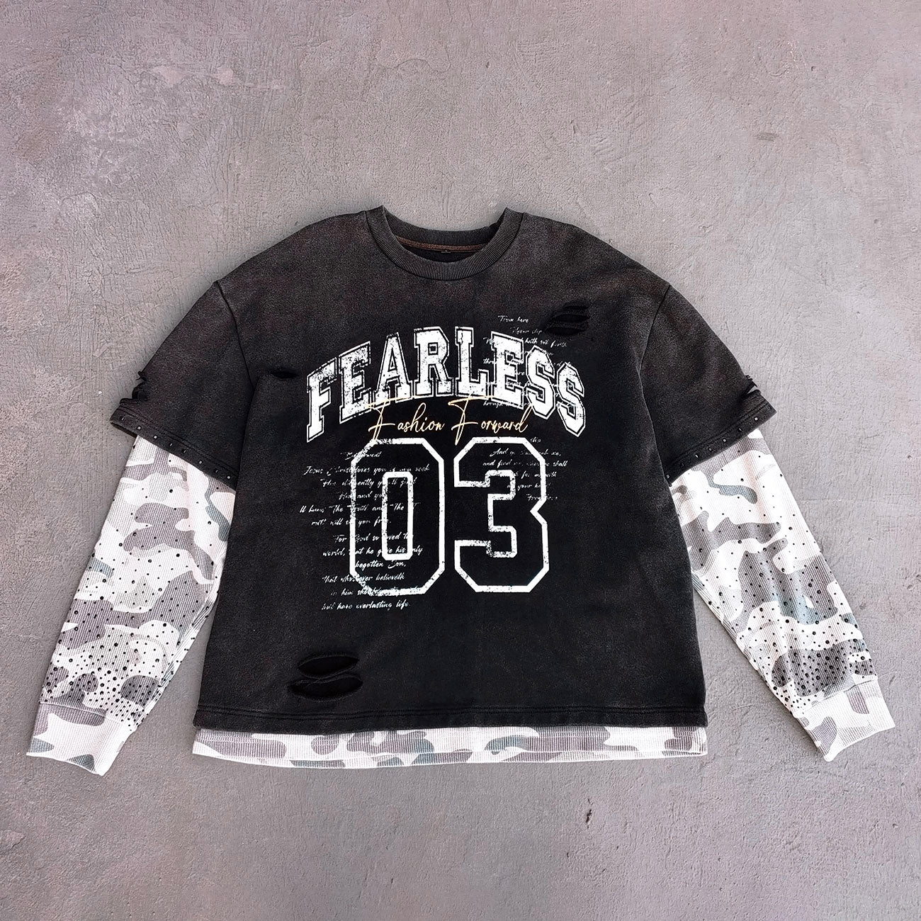 Camo Layered Crewneck - FEARLESS 03 Print Studded Rhinestone Distressed Sweatshirt