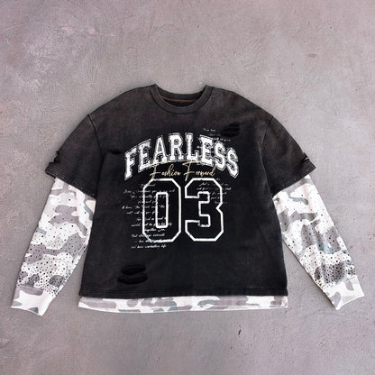 Camo Layered Crewneck - FEARLESS 03 Print Studded Rhinestone Distressed Sweatshirt