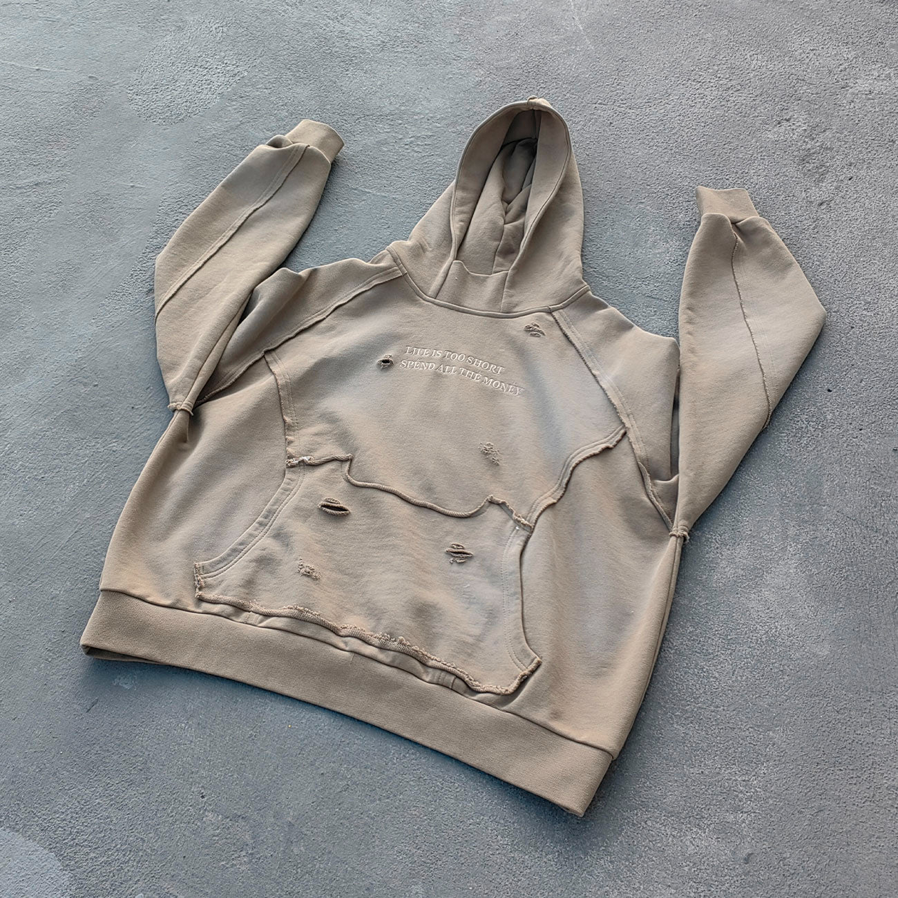 Distressed Deconstructed Hoodie - Life is Too Short Embroidery Y2K Streetwear
