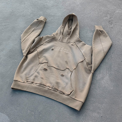 Distressed Deconstructed Hoodie - Life is Too Short Embroidery Y2K Streetwear