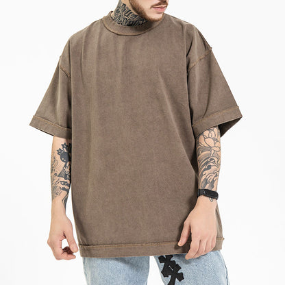 manufacturer spring and summer high street heavy wash 270g anti-car process loose large size solid color off shoulder short sleeve T-shirt