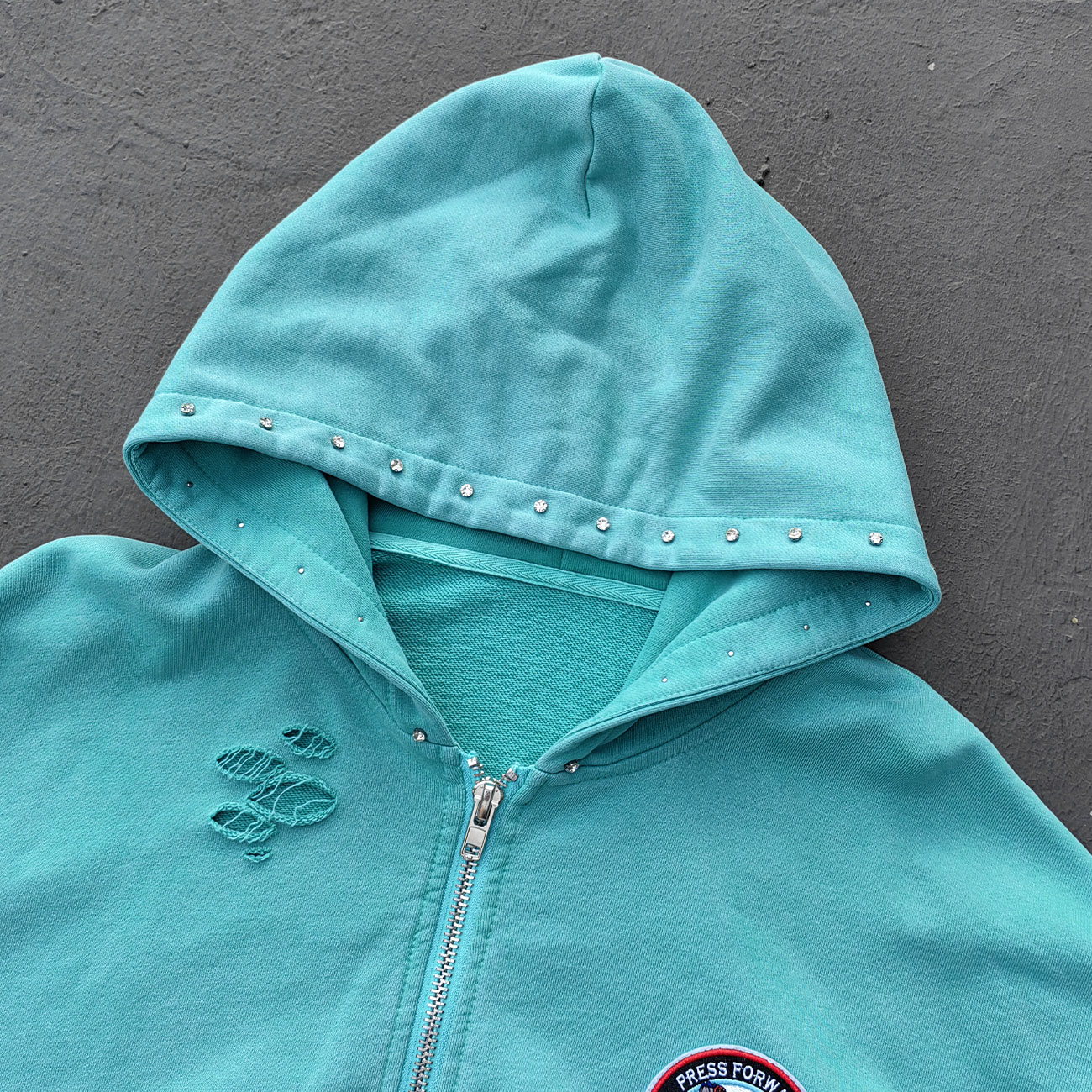 Heavily Distressed Zip Up Hoodie - Mint Studded Ripped Plaid Lining Y2K