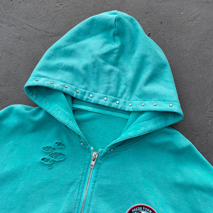 Heavily Distressed Zip Up Hoodie - Mint Studded Ripped Plaid Lining Y2K