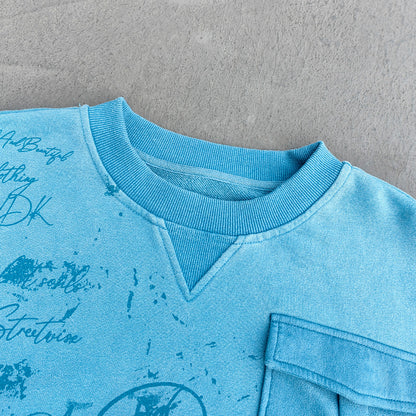 Graffiti Print Crewneck - Blue Acid Wash Distressed Y2K Oversized Sweatshirt