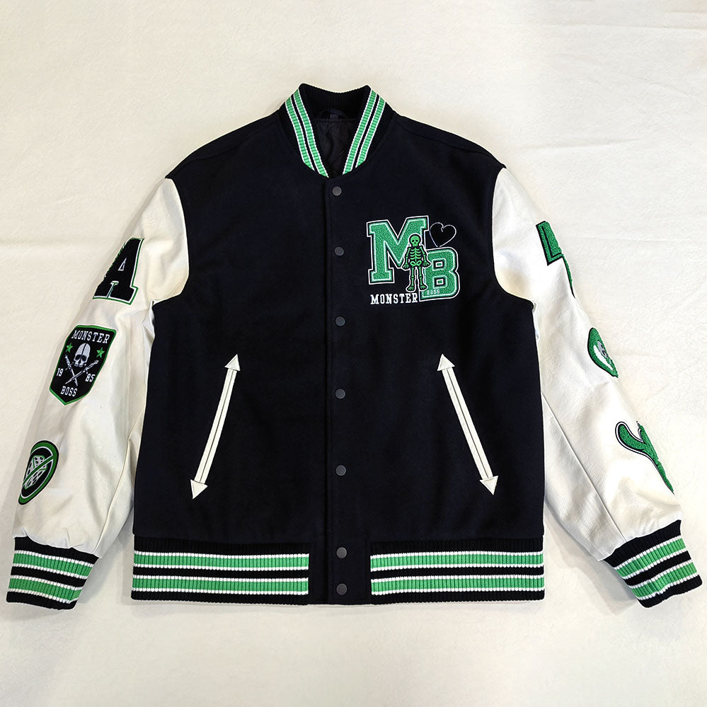 FACTORY streetwear custom leather sleeve applique embroidery varsity jacket